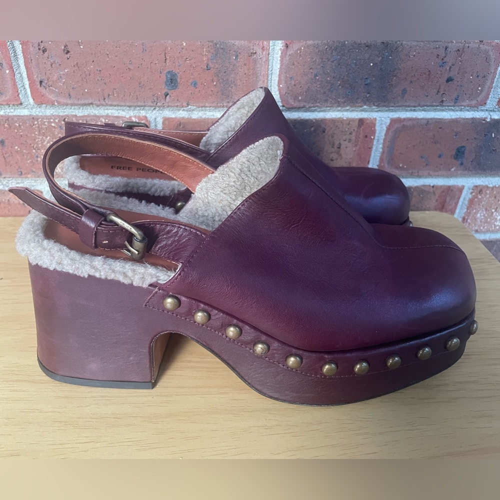 Free People Wine Leather Shearling-Trim Studded Clogs